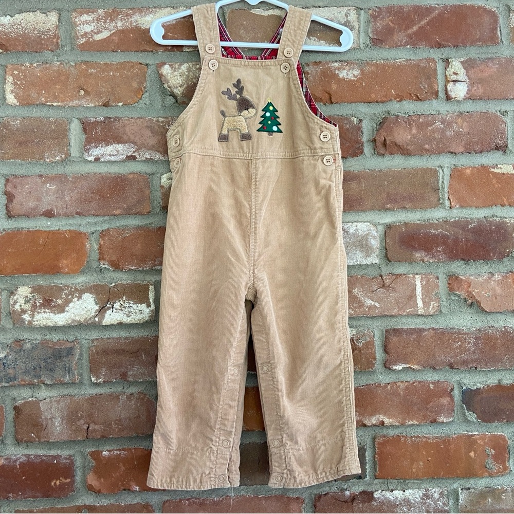 Christmas Corduroy Overalls 18m Reindeer Tan Khaki Tree